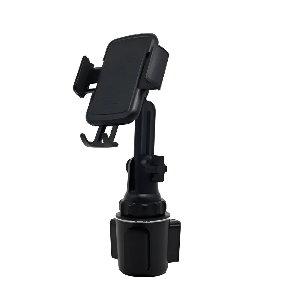 Black ABS plastic car vent phone holder with adjustable height and 360-degree rotating head.