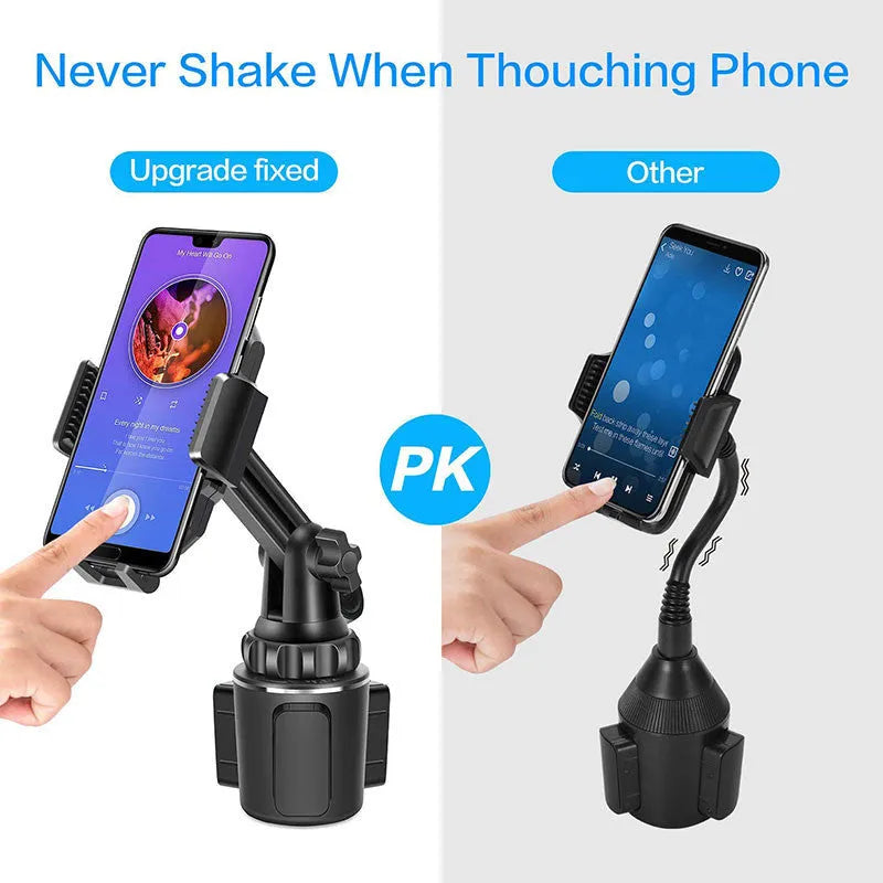 Black ABS plastic car vent phone holder with adjustable height and 360-degree rotating head.