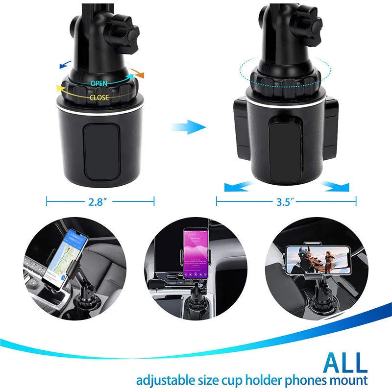 Black ABS plastic car vent phone holder with adjustable height and 360-degree rotating head.