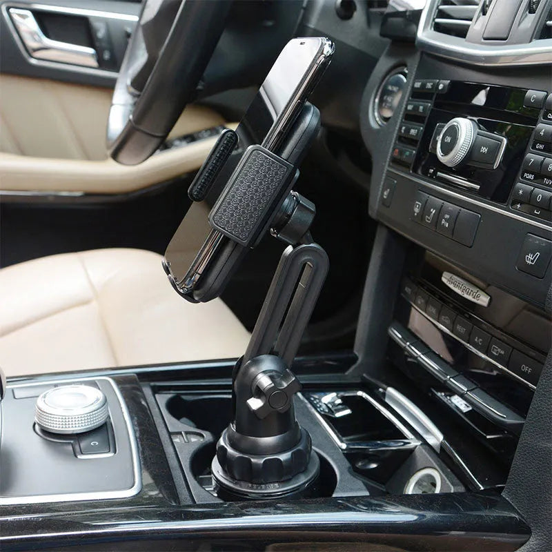 Black ABS plastic car vent phone holder with adjustable height and 360-degree rotating head.
