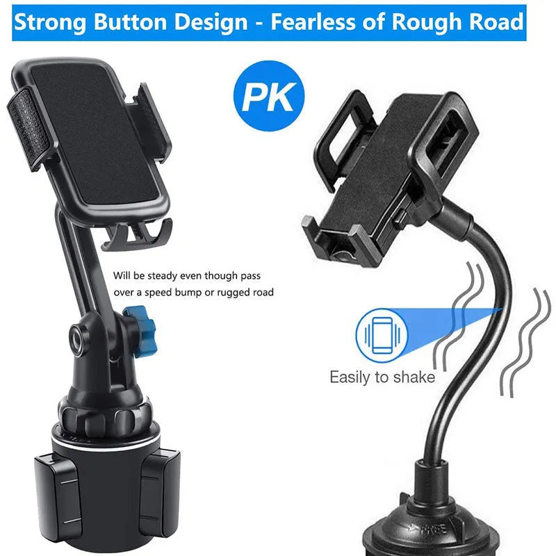 Black ABS plastic car vent phone holder with adjustable height and 360-degree rotating head.
