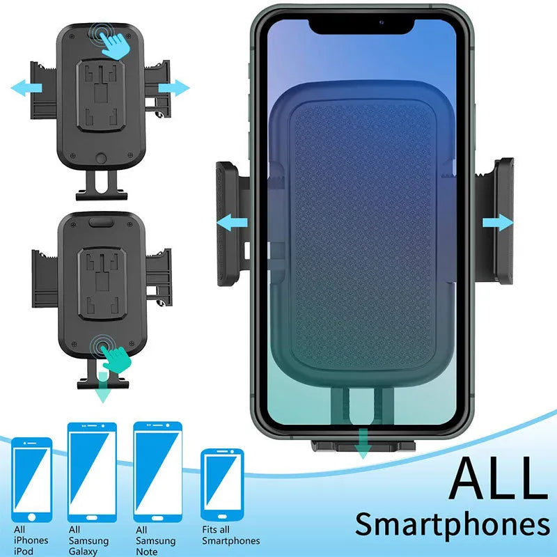 Black ABS plastic car vent phone holder with adjustable height and 360-degree rotating head.