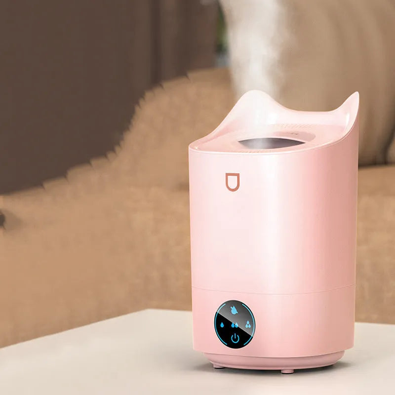 USB-powered double spray humidifier with three fog outlets in coral pink or white colour