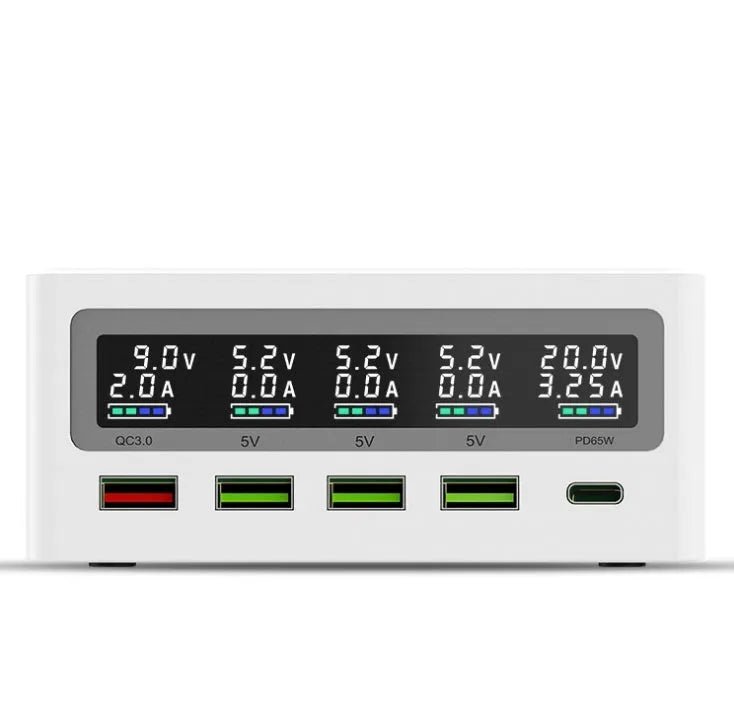 65W multi-port USB laptop charger with wireless charging pad and interchangeable UK US EU Australian plugs