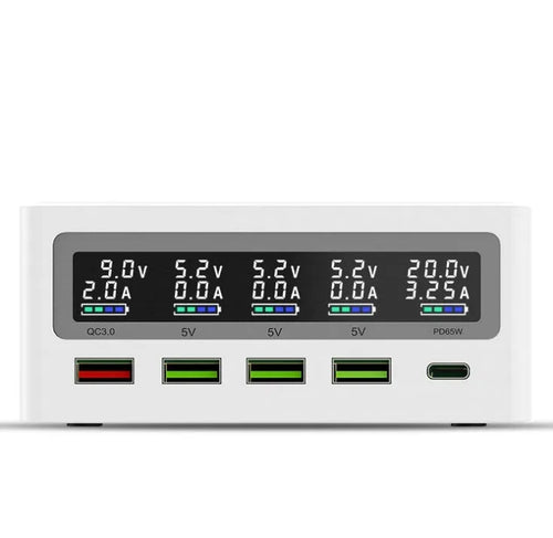 65W multi-port USB laptop charger with wireless charging pad and interchangeable UK US EU Australian plugs