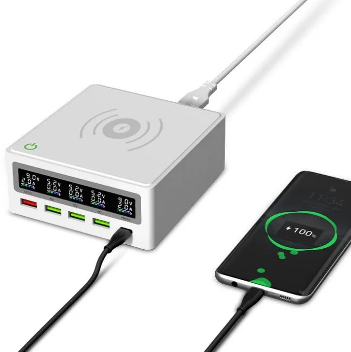 65W multi-port USB laptop charger with wireless charging pad and interchangeable UK US EU Australian plugs