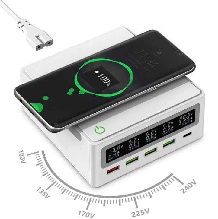 65W multi-port USB laptop charger with wireless charging pad and interchangeable UK US EU Australian plugs