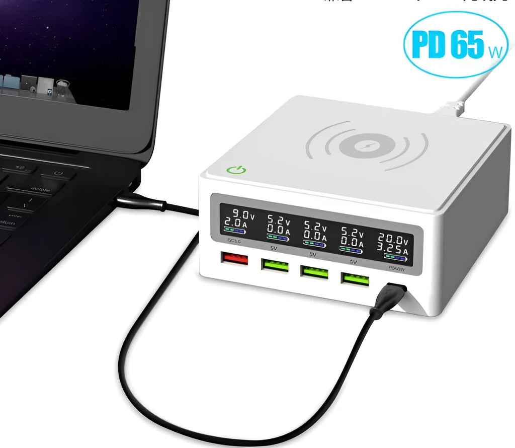 65W multi-port USB laptop charger with wireless charging pad and interchangeable UK US EU Australian plugs