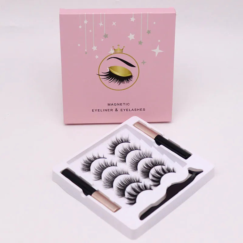 Magnetic false eyelashes and dual-purpose eyeliner set with five pairs of reusable mink lashes.