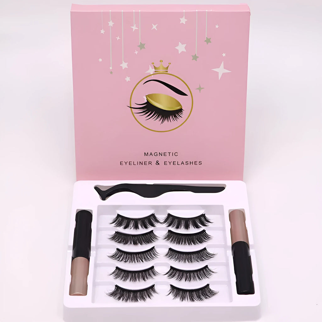 Magnetic false eyelashes and dual-purpose eyeliner set with five pairs of reusable mink lashes.