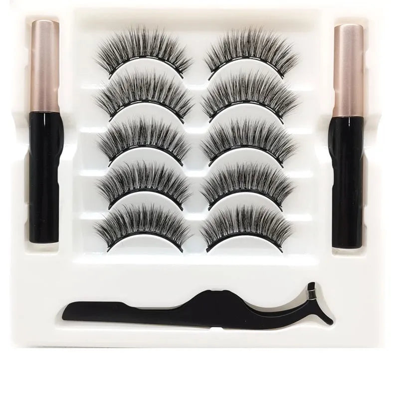 Magnetic false eyelashes and dual-purpose eyeliner set with five pairs of reusable mink lashes.