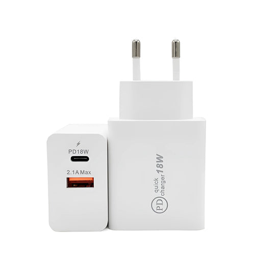 Black and white 18W USB-C PD fast wall charger with US and EU plug options