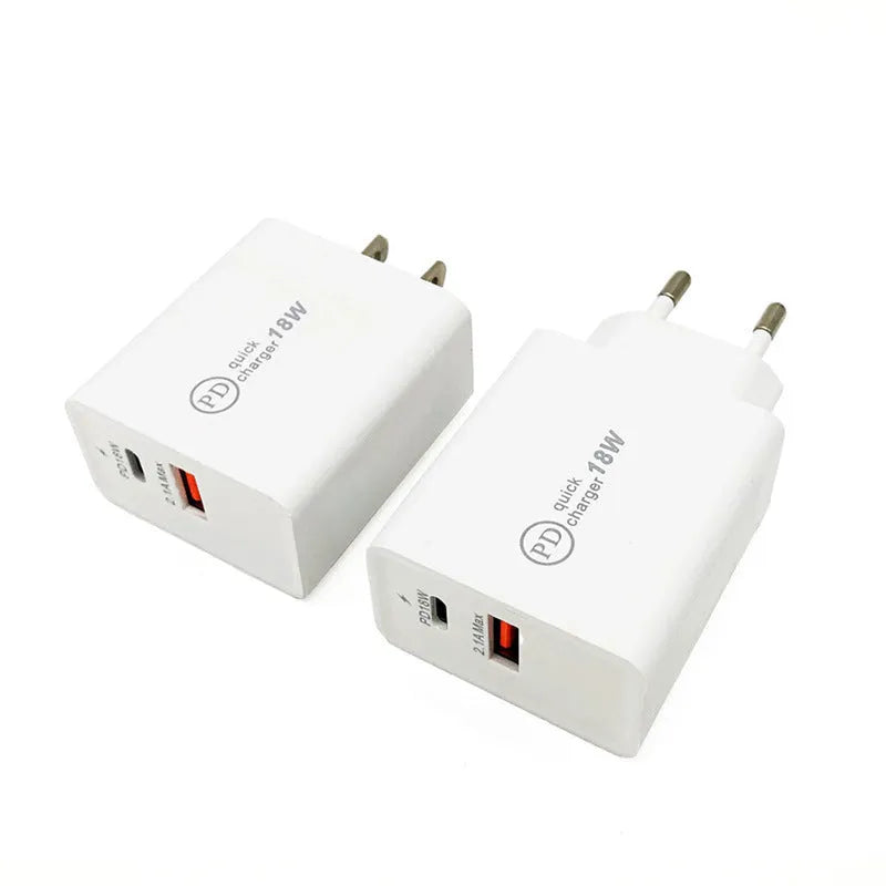 Black and white 18W USB-C PD fast wall charger with US and EU plug options