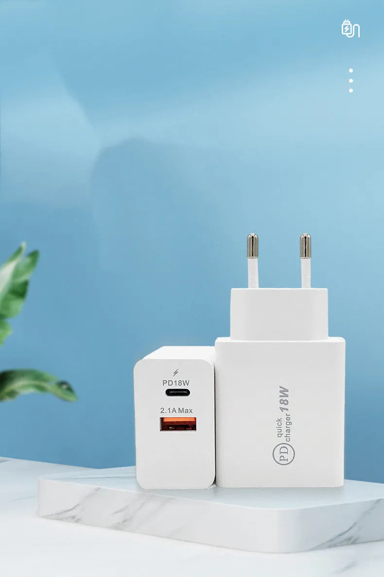Black and white 18W USB-C PD fast wall charger with US and EU plug options