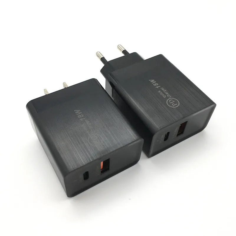 Black and white 18W USB-C PD fast wall charger with US and EU plug options