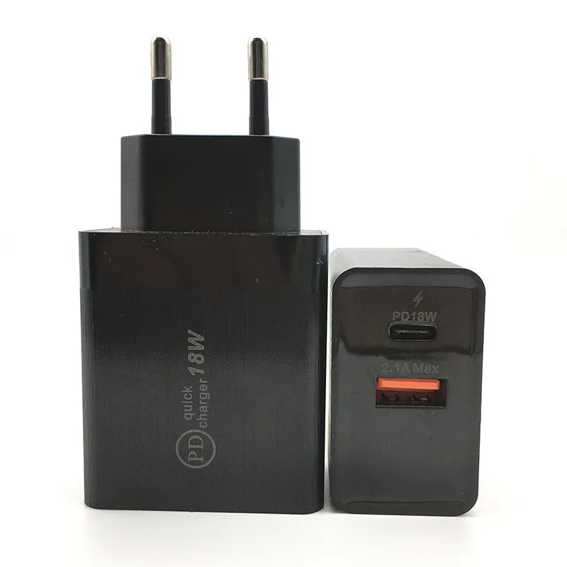 Black and white 18W USB-C PD fast wall charger with US and EU plug options