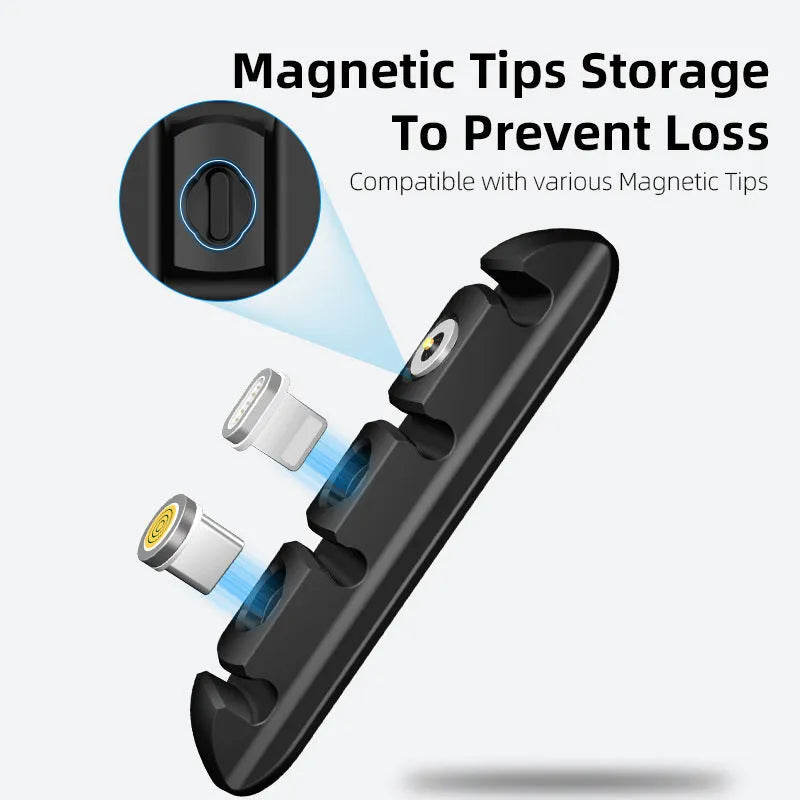 Black soft plastic desktop charging cable organiser with magnetic data cable base