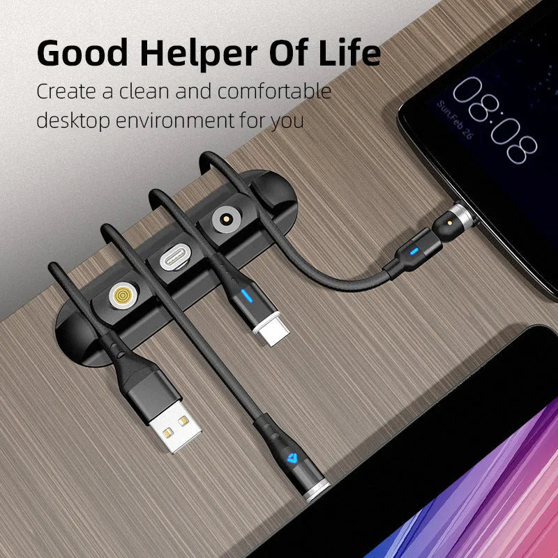 Black soft plastic desktop charging cable organiser with magnetic data cable base