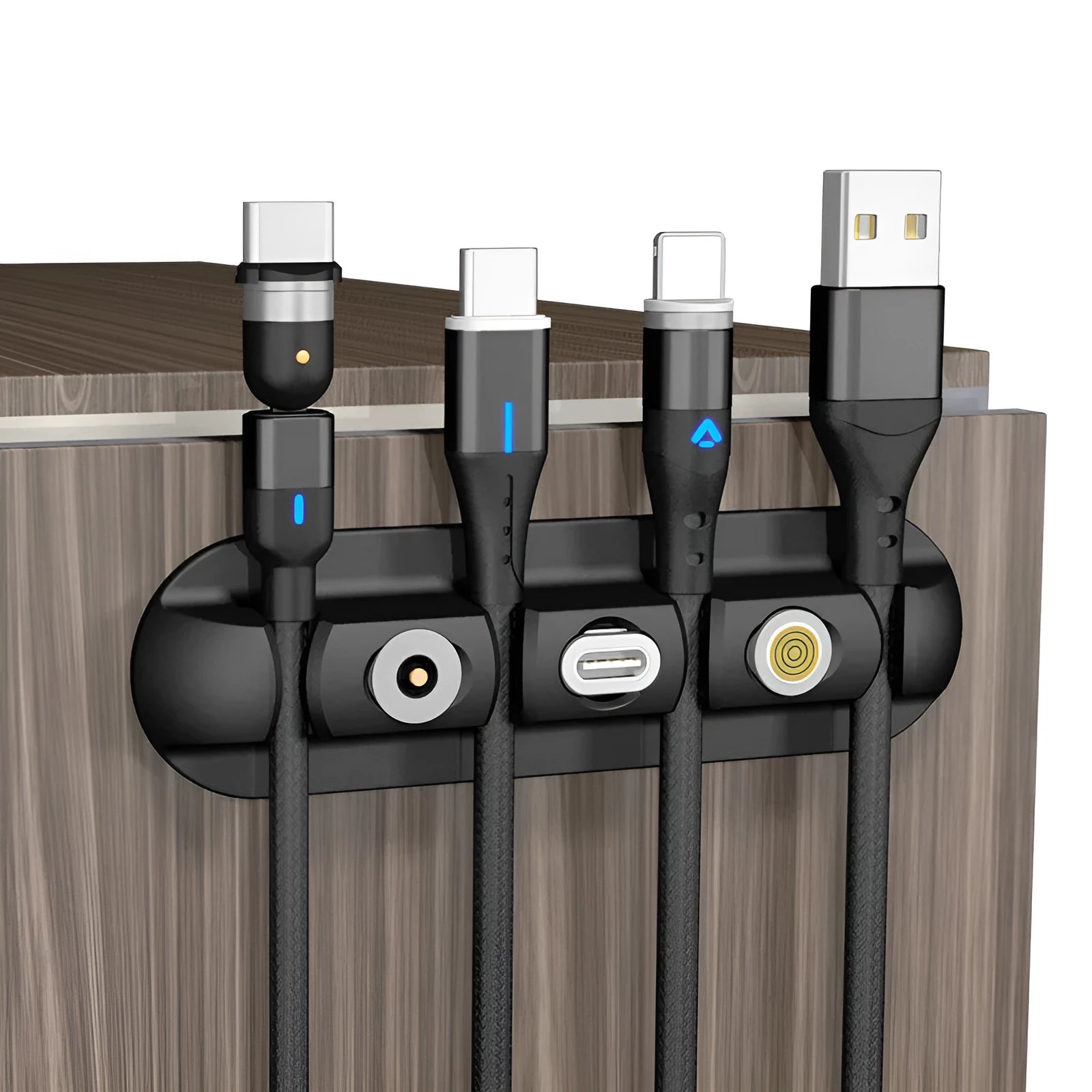 Black soft plastic desktop charging cable organiser with magnetic data cable base