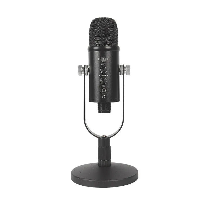Black BM-86PRO condenser microphone with metal stand and foam windscreen