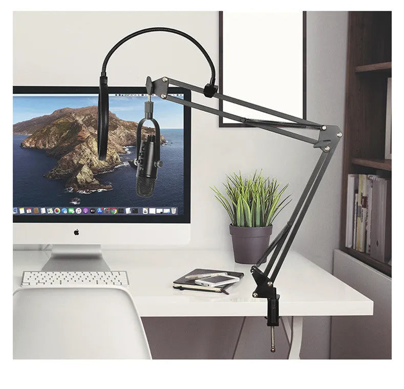 Black BM-86PRO condenser microphone with metal stand and foam windscreen