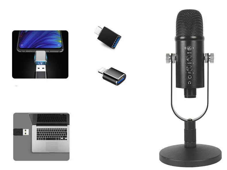 Black BM-86PRO condenser microphone with metal stand and foam windscreen