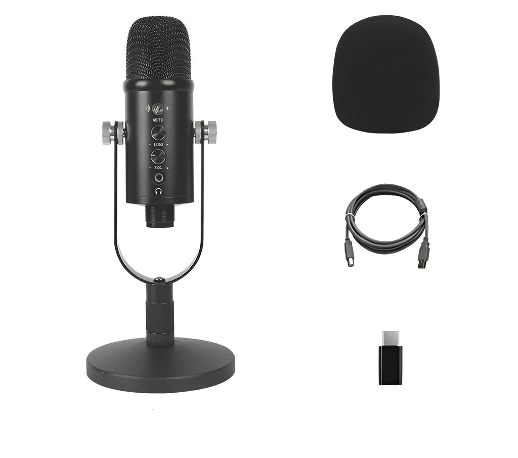 Black BM-86PRO condenser microphone with metal stand and foam windscreen