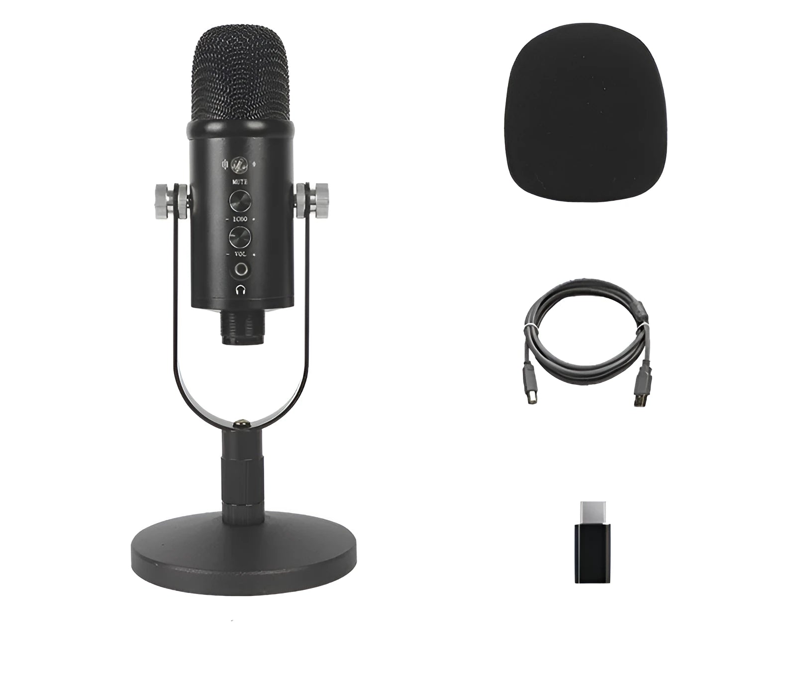 Black BM-86PRO condenser microphone with metal stand and foam windscreen