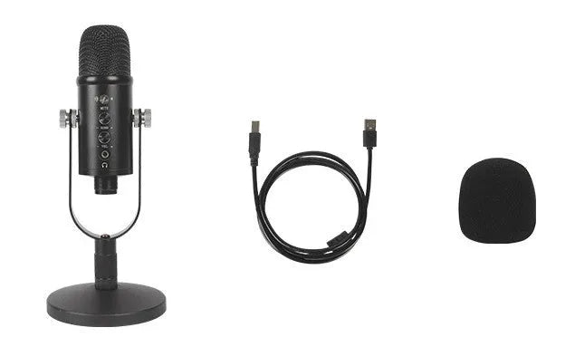 Black BM-86PRO condenser microphone with metal stand and foam windscreen