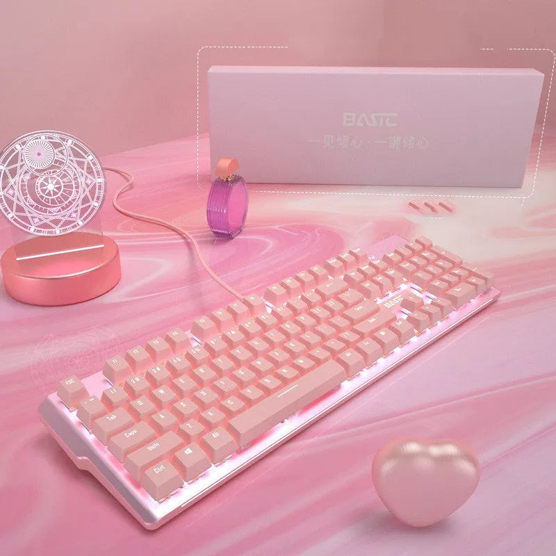 Pink mechanical gaming keyboard and wired mouse set with USB connections