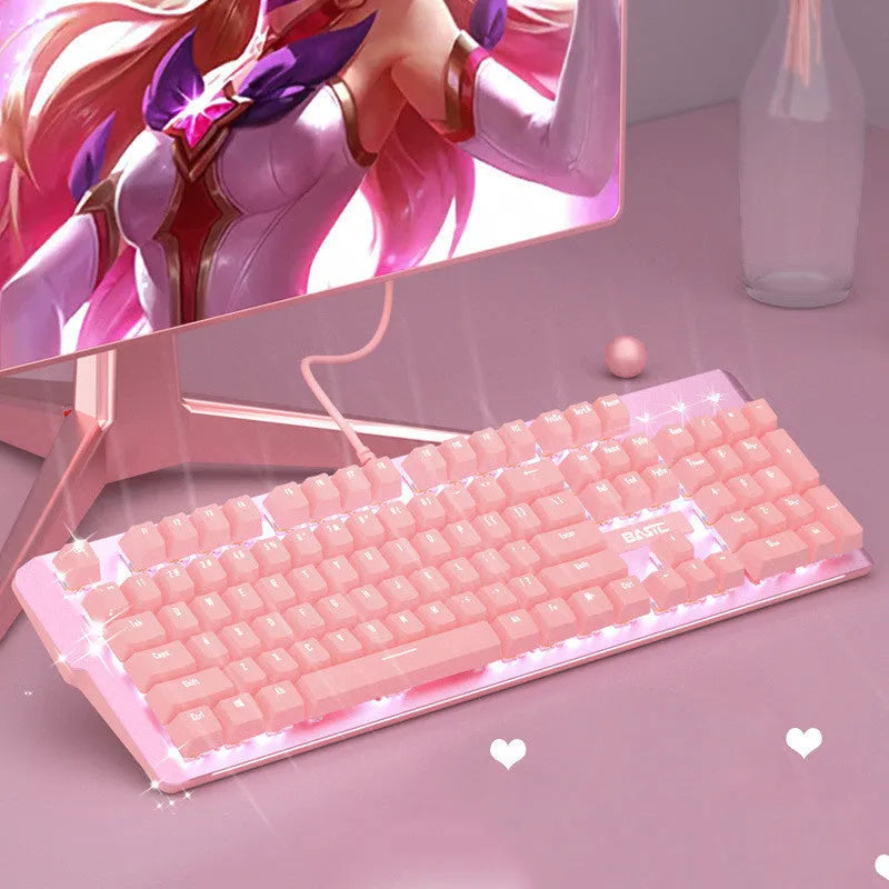 Pink mechanical gaming keyboard and wired mouse set with USB connections