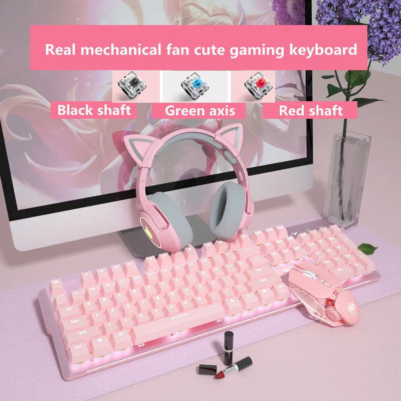 Pink mechanical gaming keyboard and wired mouse set with USB connections