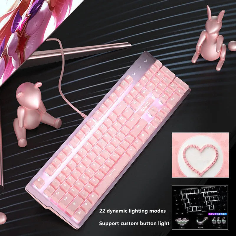 Pink mechanical gaming keyboard and wired mouse set with USB connections