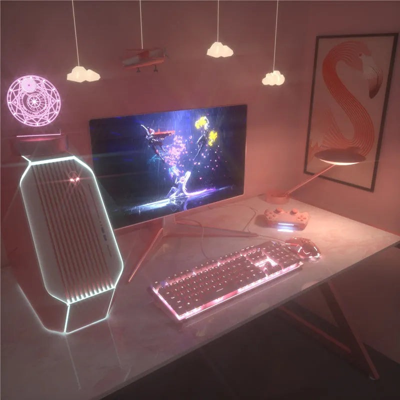 Pink mechanical gaming keyboard and wired mouse set with USB connections