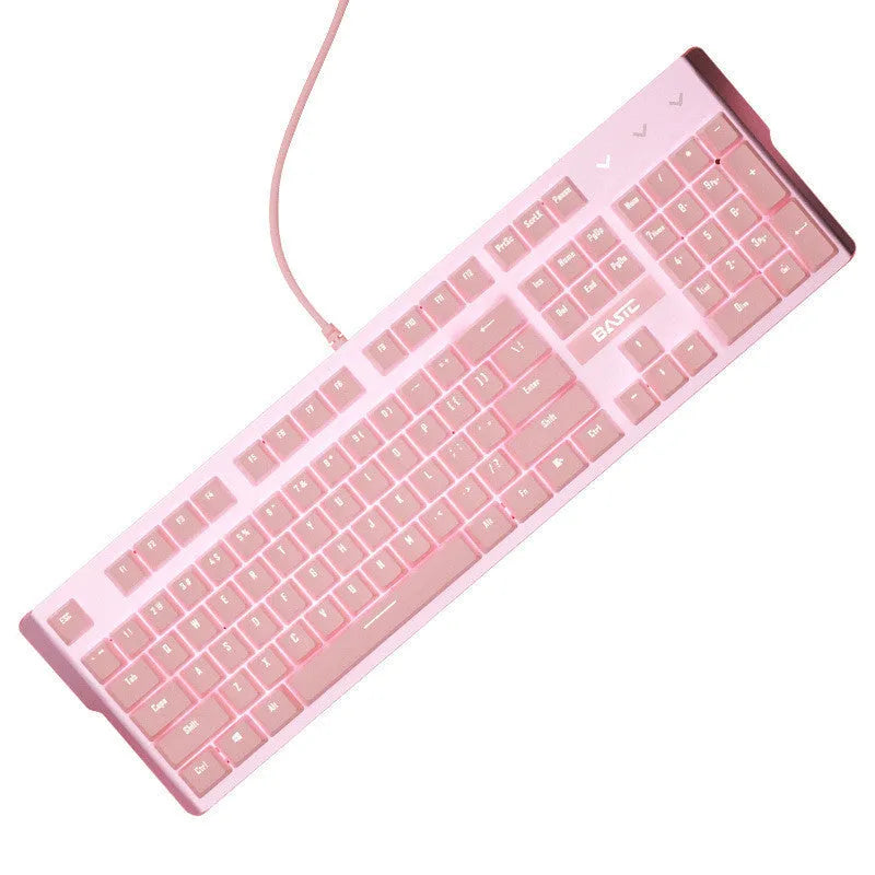 Pink mechanical gaming keyboard and wired mouse set with USB connections