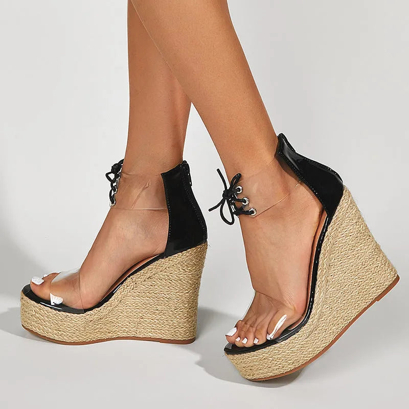 Women's black wedge sandals with hemp rope straps and super high platform heels