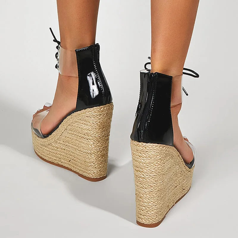 Women's black wedge sandals with hemp rope straps and super high platform heels