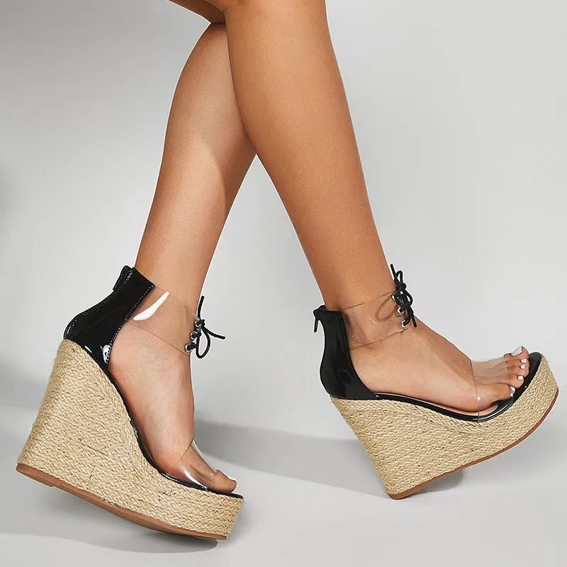 Women's black wedge sandals with hemp rope straps and super high platform heels