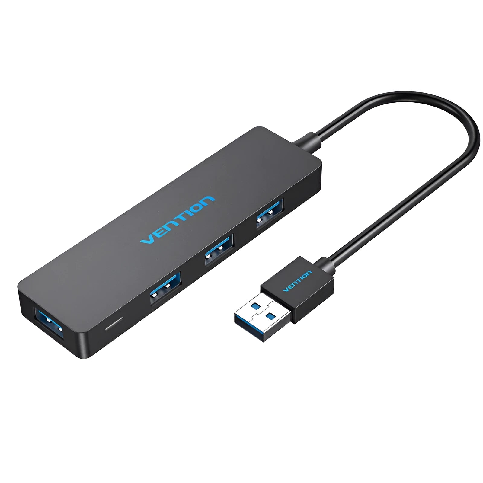 Black four-port USB 3.0 hub with a short 0.15m cable connected to a laptop