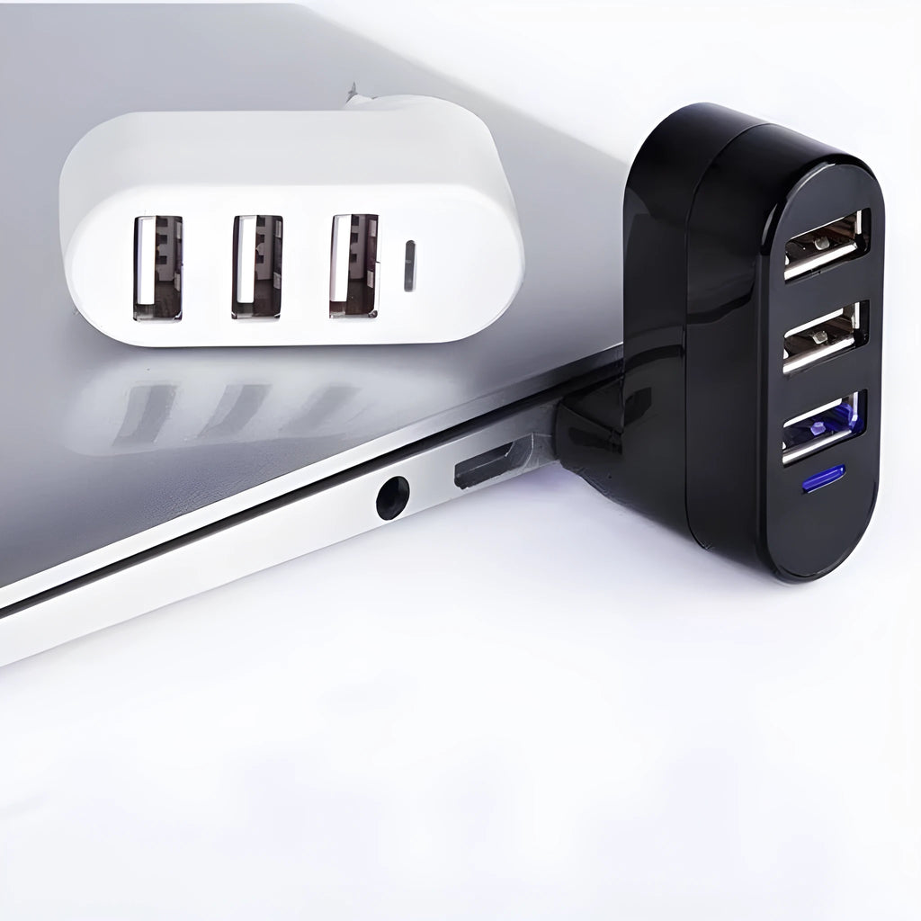 Black and white USB 2.0 hub splitter with multiple ports for computer laptop expansion