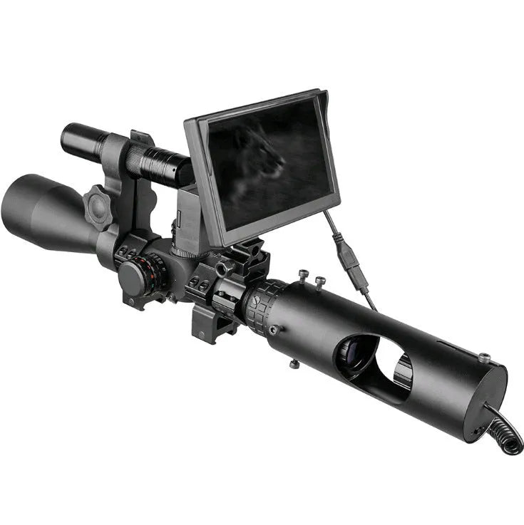 Black digital night vision goggles with 5-inch LCD display and infrared transmitter for 200 metre viewing range