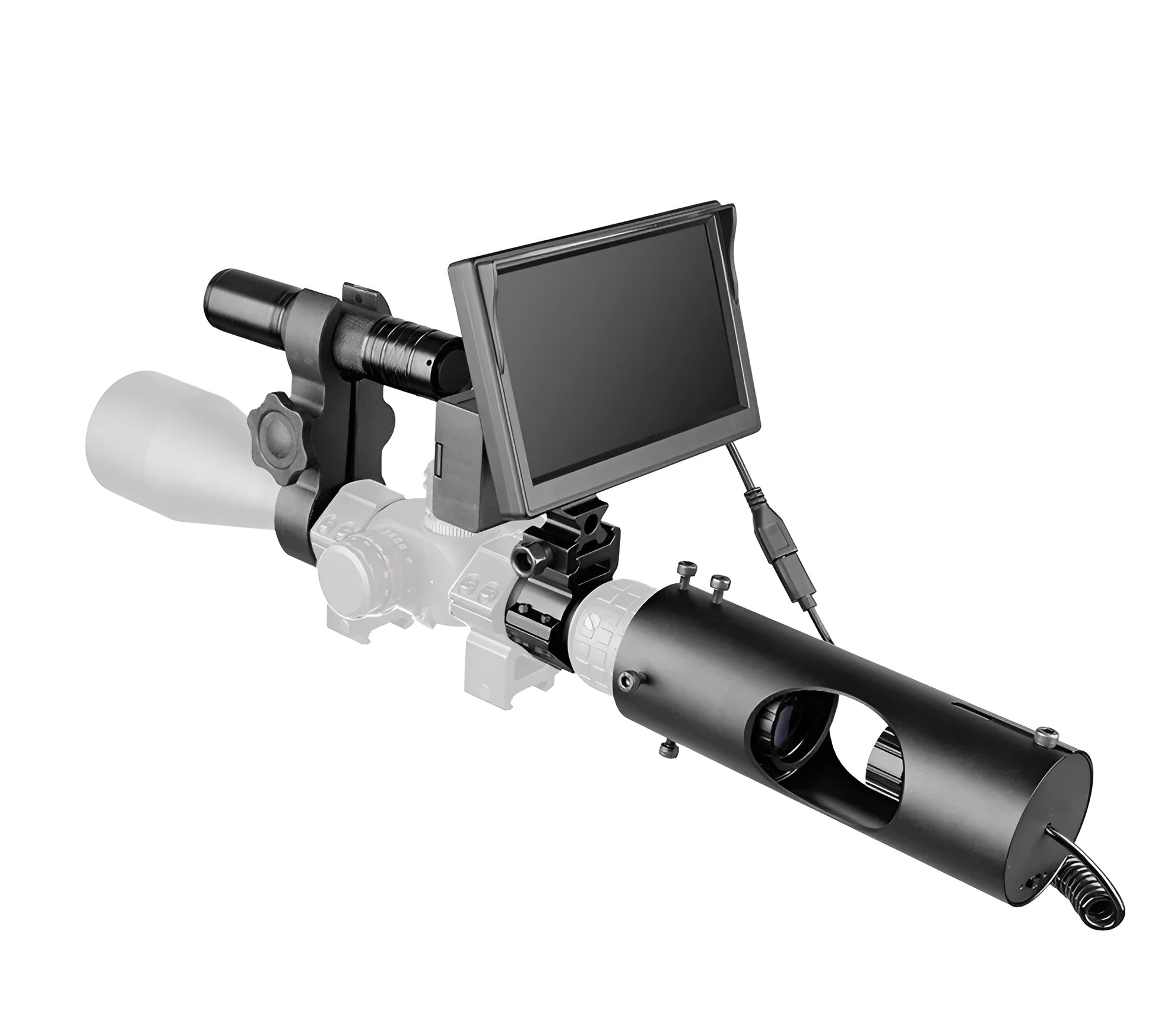 Black digital night vision goggles with 5-inch LCD display and infrared transmitter for 200 metre viewing range