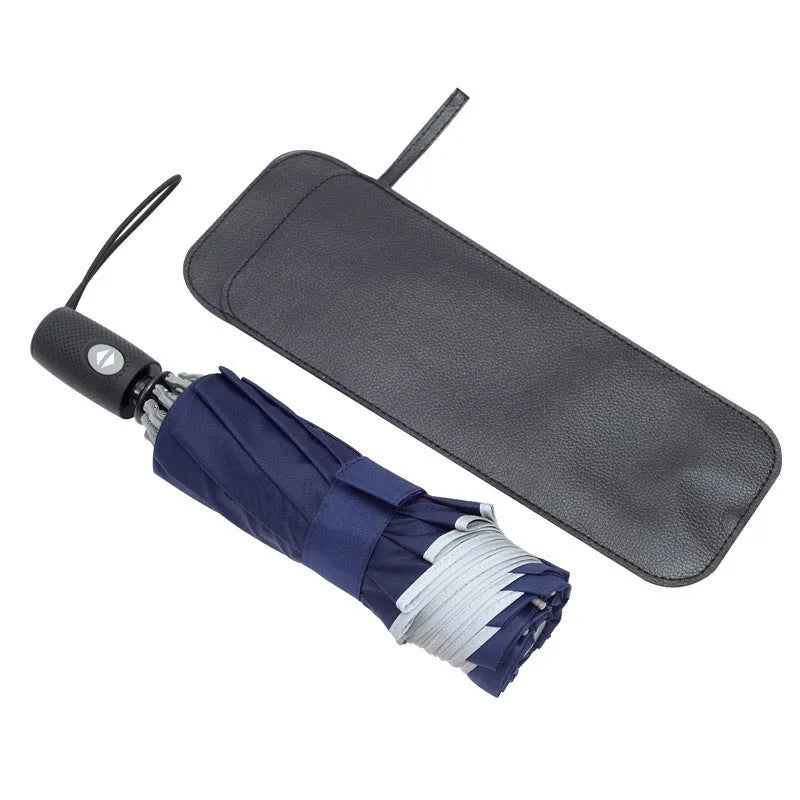 Black automatic reverse umbrella with reflective cloth, showing plastic non-slip handle and three-fold design