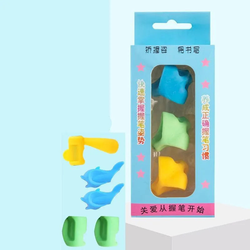 Children's writing corrector pen holder orthosis in boys, girls, and mixed colour sets for pencil grip aid.