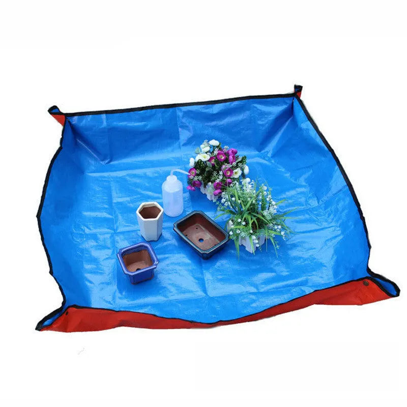 Succulent gardening tool set with mini rake, tweezers, duster, spray bottle, measuring cup, seed sprouter, and blue-orange seedling cloth.