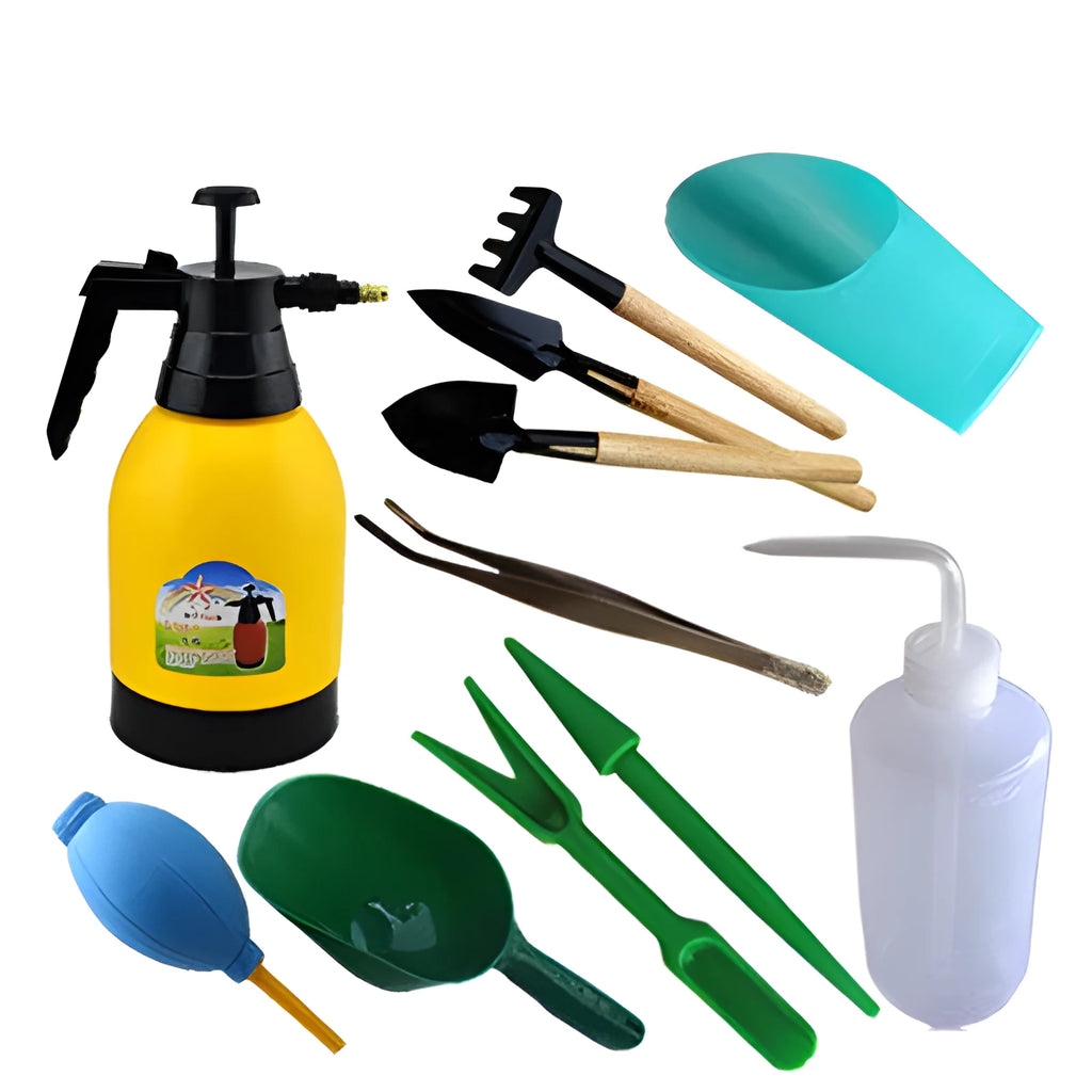 Succulent gardening tool set with mini rake, tweezers, duster, spray bottle, measuring cup, seed sprouter, and blue-orange seedling cloth.