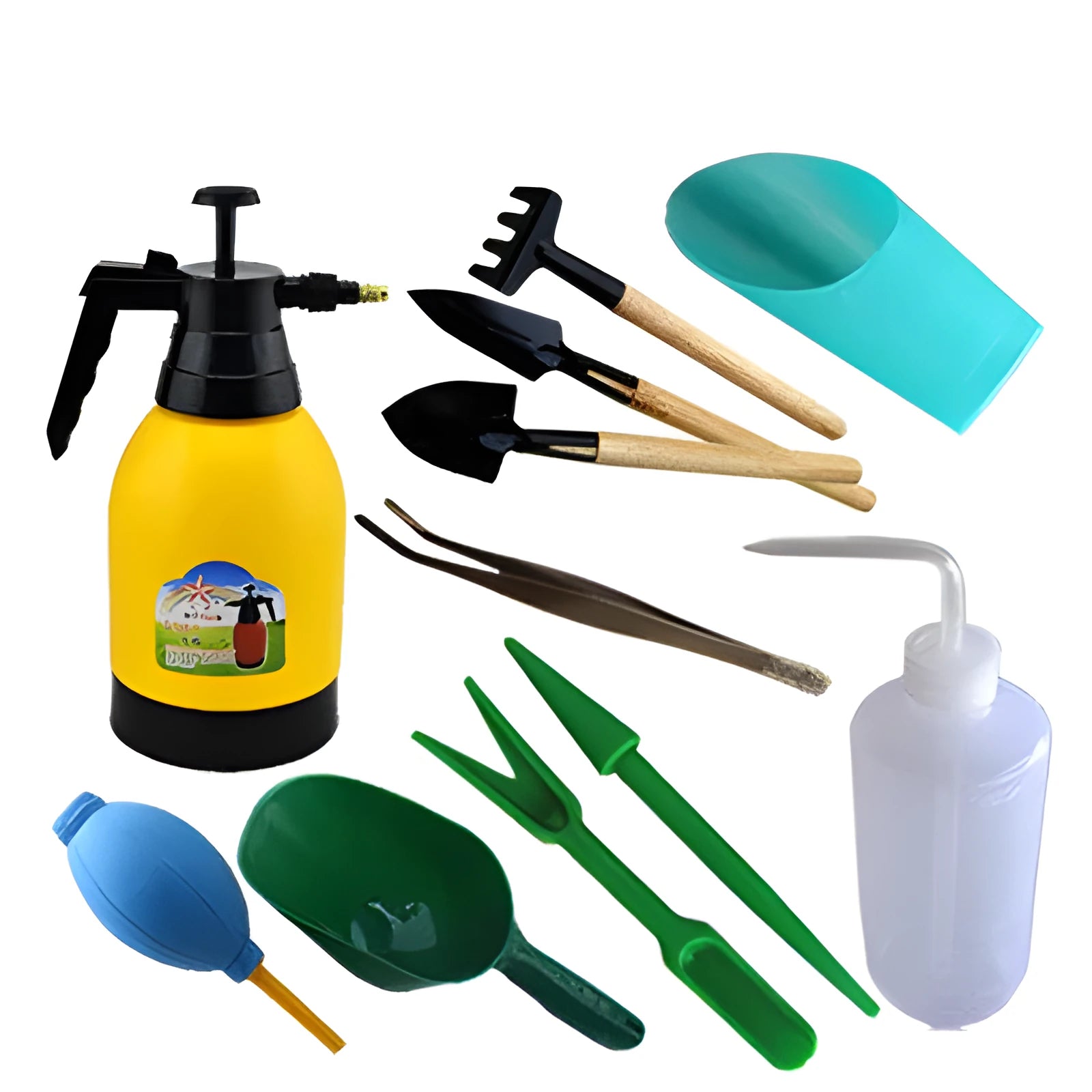 Succulent gardening tool set with mini rake, tweezers, duster, spray bottle, measuring cup, seed sprouter, and blue-orange seedling cloth.