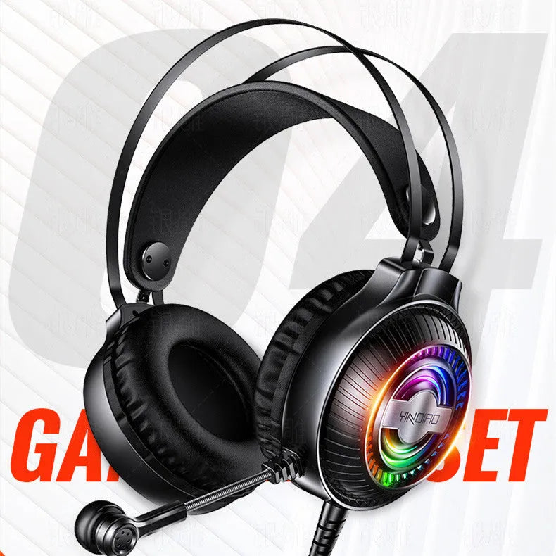 Black wired PC headset with microphone, over-ear protein earmuffs, and a long cable with a 3.5mm plug.