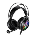 Black wired PC headset with microphone, over-ear protein earmuffs, and a long cable with a 3.5mm plug.