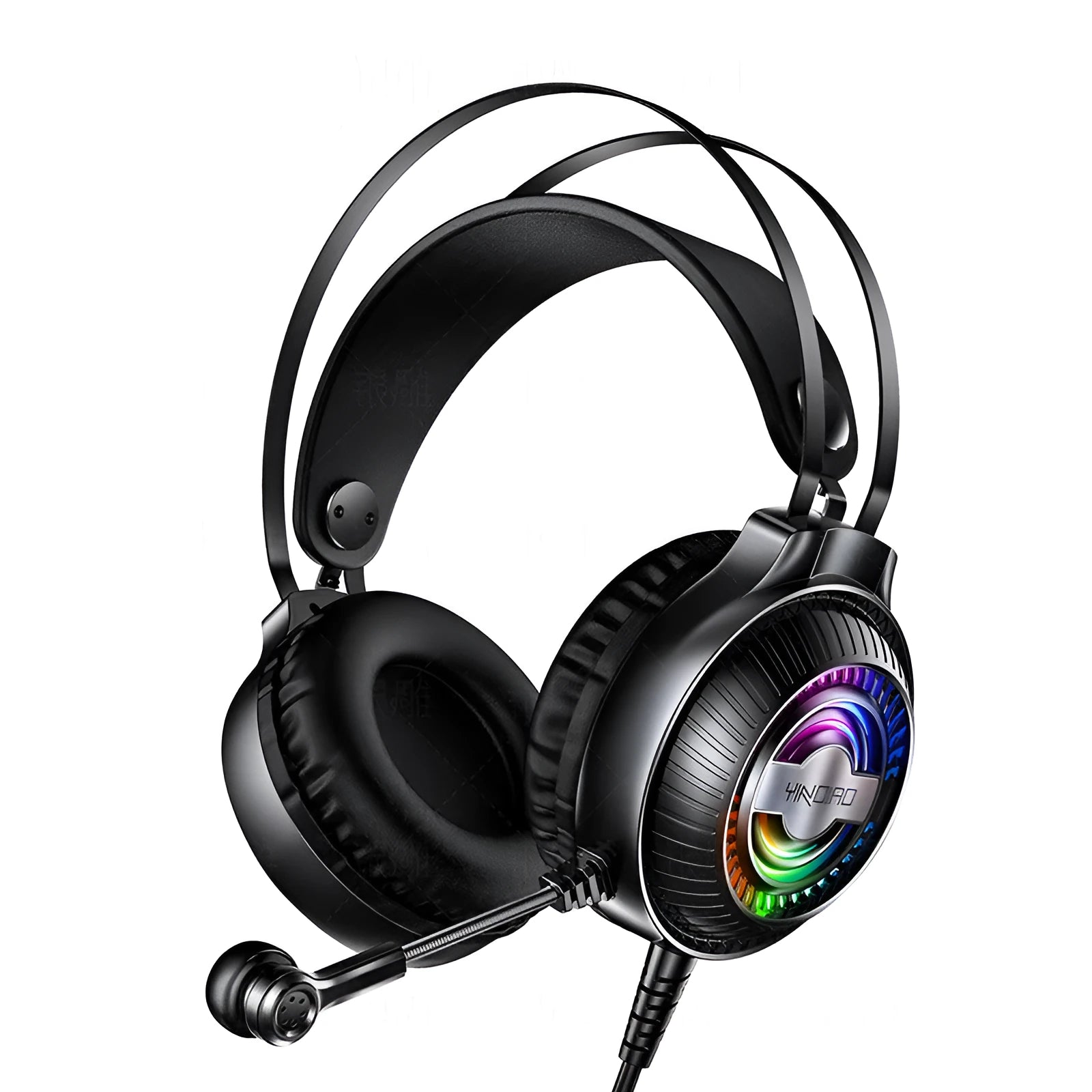 Black wired PC headset with microphone, over-ear protein earmuffs, and a long cable with a 3.5mm plug.